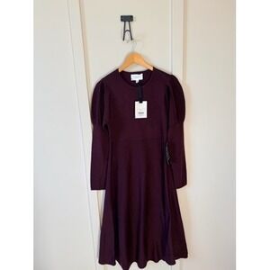 Pomander Place Brielle Sweater Dress Burgundy Puff Sleeve Midi Winetasting soft